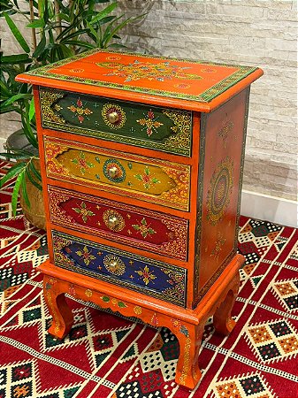 Gaveteiro em Madeira - Pintado à mão - 4 Gavetas - Laranja e Colorido