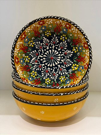 Bowl - Cerâmica - Turquia - Pintura Alto Relevo - Tamanho Grande - Amarelo Mostarda