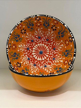 Bowl - Cerâmica - Turquia - Pintura Alto Relevo - Tamanho Grande - Laranja