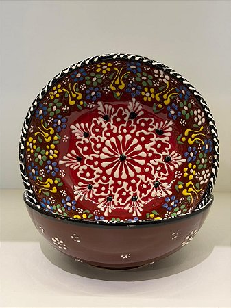 Bowl - Cerâmica - Turquia - Pintura Alto Relevo - Tamanho Grande - Marrom Escuro