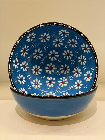 Bowl - Cerâmica - Turquia - Pintura Alto Relevo - Tamanho Grande - Azul Claro