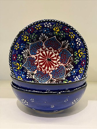 Bowl - Cerâmica - Turquia - Pintura Alto Relevo - Tamanho Grande - Azul Escuro