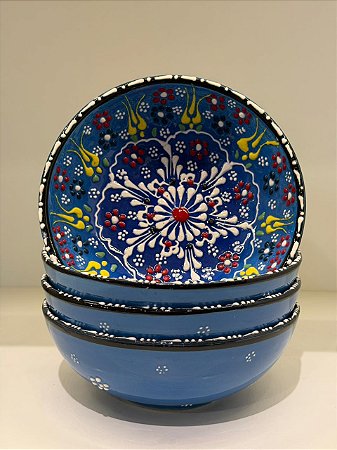 Bowl - Cerâmica - Turquia - Pintura Alto Relevo - Tamanho Grande - Azul Claro