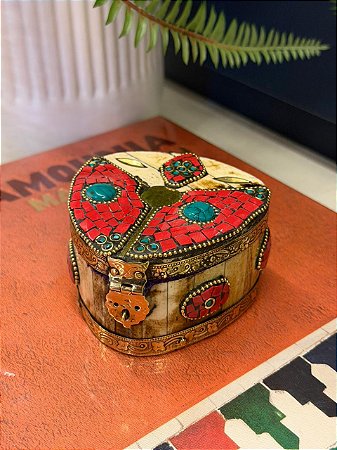 Caixa Decorativa - Porta Jóias - Osso e Metal - Vermelho e Dourado - 5x8,5