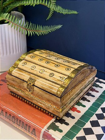 Caixa Decorativa - Porta Jóias - Osso e Metal - Dourado - 14x15
