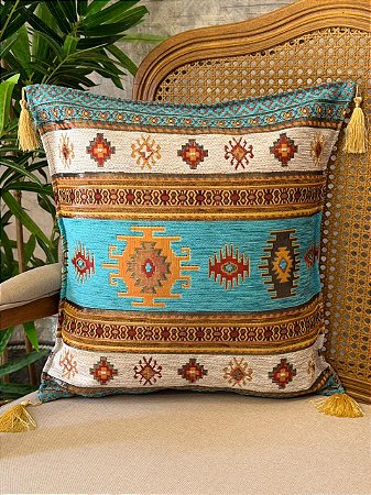 Capa Para Almofada - Jacquard - Tassel - Branco e Turquesa