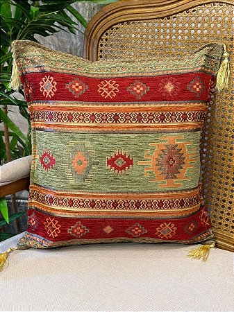 Capa Para Almofada - Jacquard - Tassel - Verde e Vermelho
