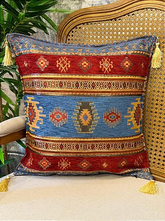 Capa Para Almofada - Jacquard - Tassel - Azul e Vermelho
