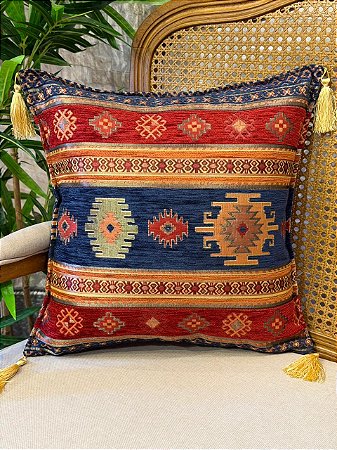 Capa Para Almofada - Jacquard - Tassel - Azul Escuro e Vermelho