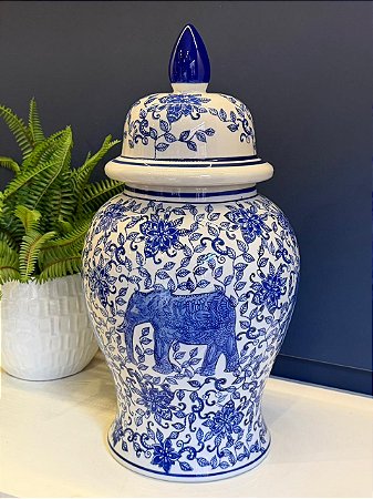 Potiche Cerâmica Azul e Branco Elefante 47CM
