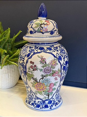 Potiche Cerâmica Azul, Branco e Colorido 47CM