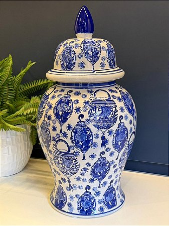 Potiche Cerâmica Azul e Branco 47CM