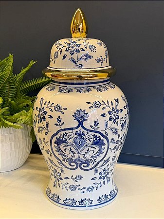 Potiche Cerâmica Azul, Branco e Dourado 47CM