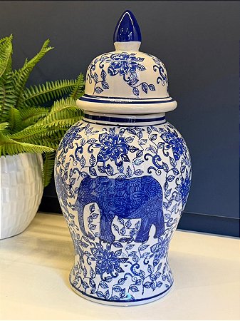 Potiche Cerâmica Azul e Branco Elefante 37CM