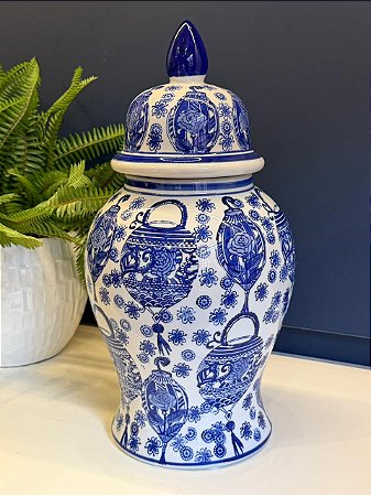 Potiche Cerâmica Azul e Branco 37CM