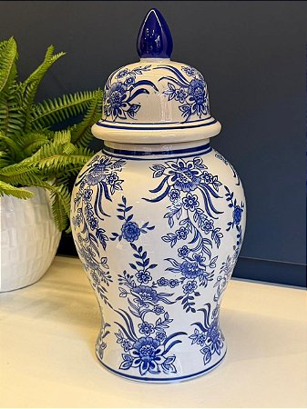 Potiche Cerâmica Azul e Branco 37CM