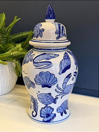 Potiche Cerâmica Azul e Branco 37CM