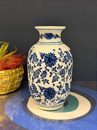 Vaso Decorativo - Cerâmica - Azul e Branco - 14CM