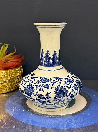 Vaso Decorativo - Cerâmica - Azul e Branco - 14CM