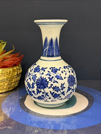 Vaso Decorativo - Cerâmica - Azul e Branco - 14CM