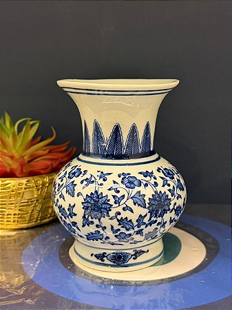 Vaso Decorativo - Cerâmica - Azul e Branco - 14CM