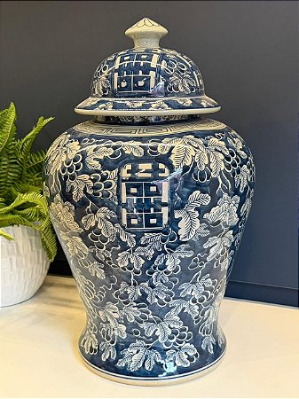 Potiche Cerâmica Azul e Branco 49CM