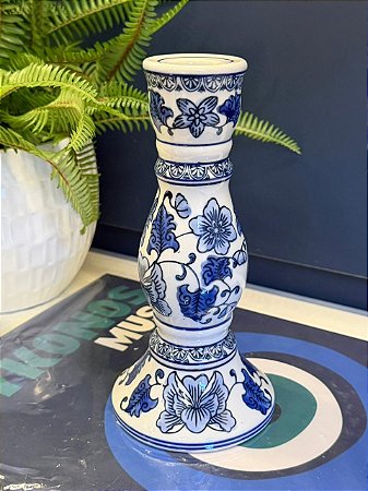 Castiçal - Porta Vela - Cerâmica - Branco e Azul - 21CM