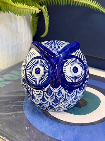 Escultura - Coruja Decorativa - Cerâmica - Azul e Branco