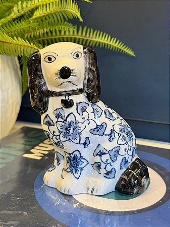 Escultura - Cachorro Decorativo - Cerâmica - Azul e Branco