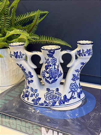 Castiçal - Porta Vela - Cerâmica - Branco e Azul - 17CM