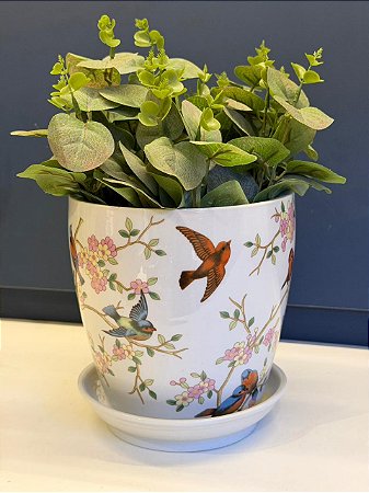 Cachepot em Cerâmica - Pássaros - Colorido - 16CM