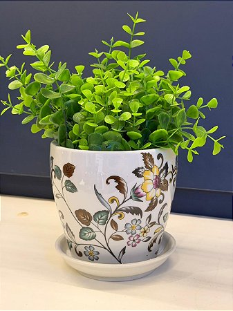 Cachepot em Cerâmica - Flores - Off White e Colorido - 12,5CM