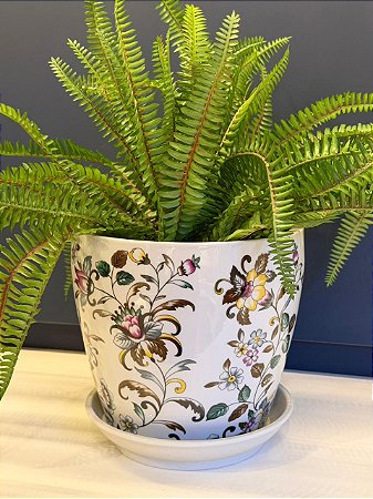 Cachepot em Cerâmica - Flores - Off White e Colorido - 20CM