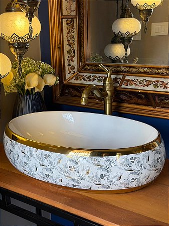 Cuba Sobrepor - Arabesco - Oval - Branco e Dourado