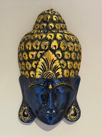 Cabeça Buda Esculpido - Madeira - Pintado à mão - Azul e Dourado