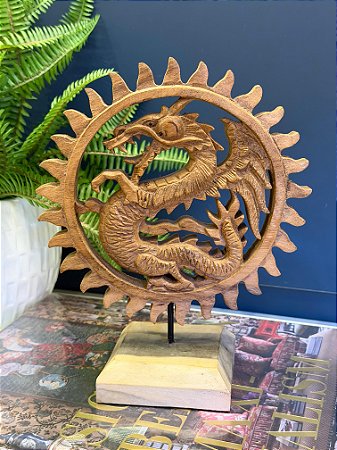 Escultura Dragão - Decorativo - Madeira - Com Base