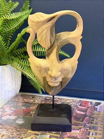 Escultura Mascara Festa - Decorativo - Madeira - Com Base