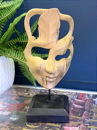 Escultura Mascara Festa - Decorativo - Madeira - Com Base