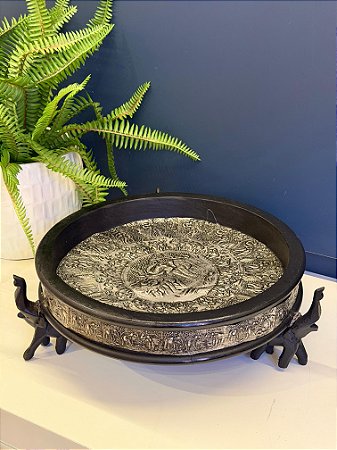 Bandeja - Madeira e Metal - Marchetaria - Elefante - Preto e Prata - 33CM