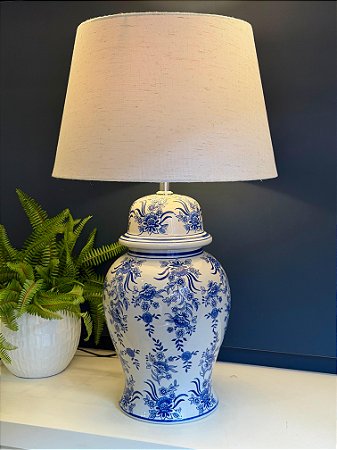 Abajur - Cerâmica - Azul e Branco - Com Cúpula