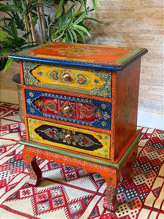 Gaveteiro em Madeira - Pintado à mão - 3 Gavetas - Laranja e Colorido