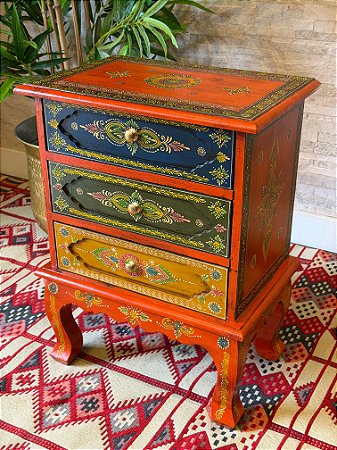 Gaveteiro em Madeira - Pintado à mão - 3 Gavetas - Laranja e Colorido