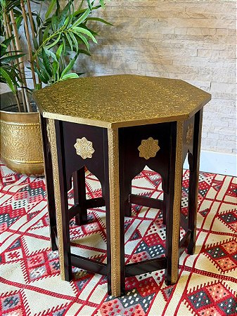 Mesa Sextavada - Marchetaria - Madeira - Marrom e Dourado - 52CM