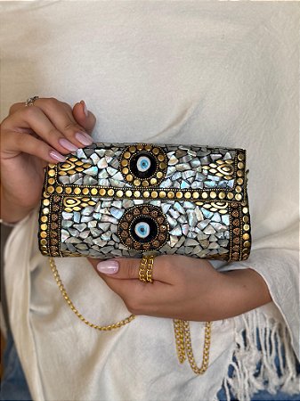 Bolsa Clutch em Metal - Madrepérolas e Dourado - Olho Grego - Com Alça