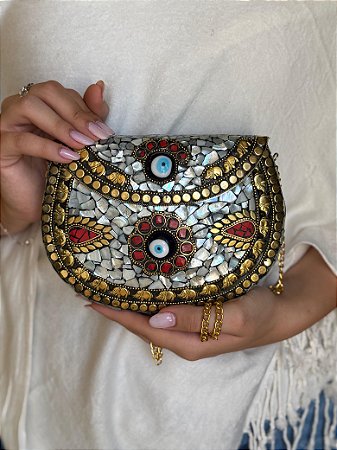 Bolsa Clutch em Metal - Madrepérolas e Dourado - Olho Grego - Com Alça