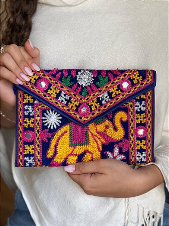 Bolsa Clutch - Tecido - Bordado - Elefante - Azul e Colorido