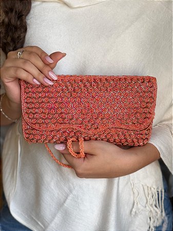 Bolsa Clutch - Tecido - Miçangas - Salmão