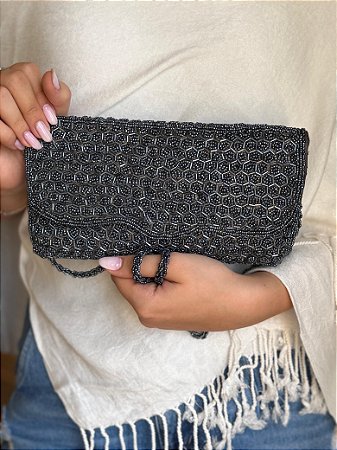 Bolsa Clutch - Tecido - Miçangas - Azul Escuro