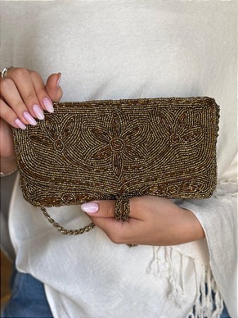 Bolsa Clutch - Tecido - Miçangas - Marrom e Dourada
