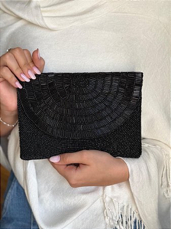 Bolsa Clutch - Tecido - Miçangas - Preto
